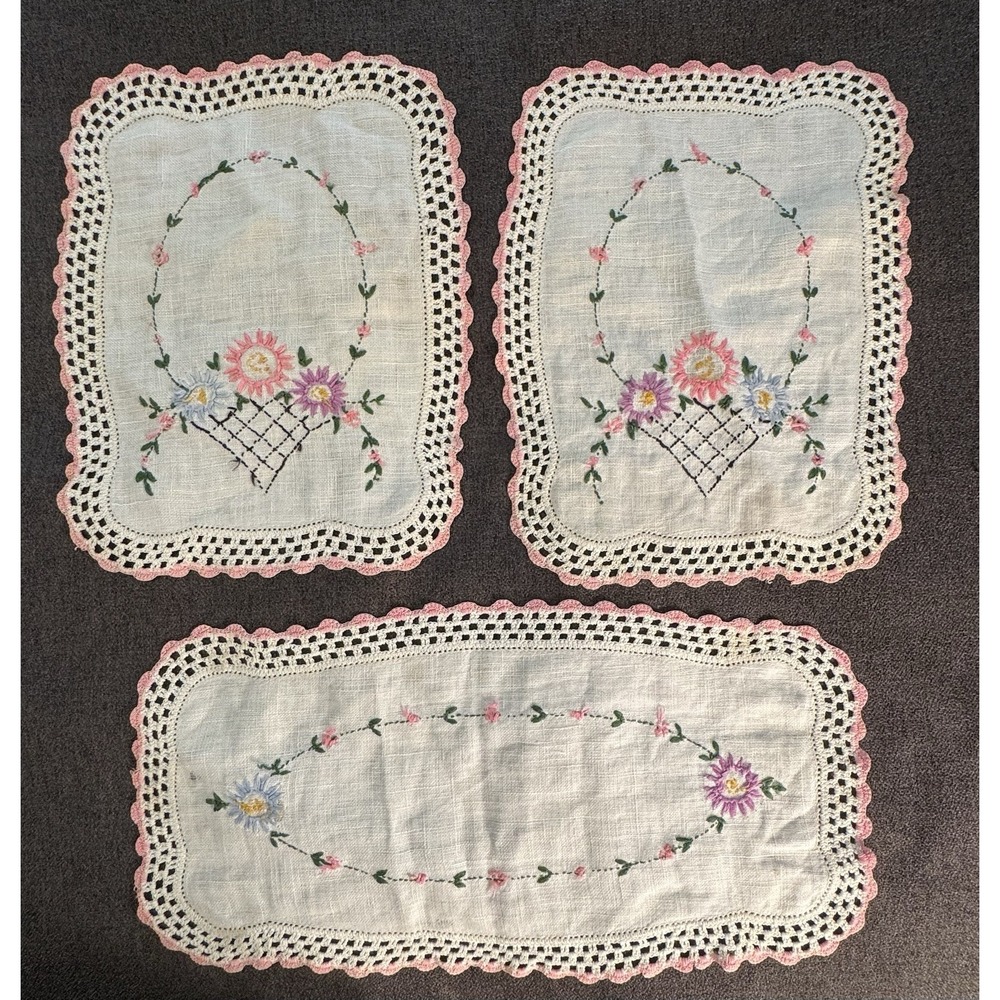 Lot Of 3 Vintage Hand Embroidered Crocheted Doily Chair Set Cottagecore Pink
